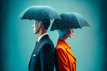 Portrait d'un couple sous un parapluie sous la pluie - Générative IA