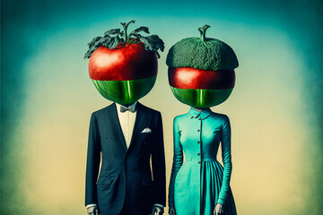 Portrait surréaliste d'un homme et d'une femme avec une tête de fruits et légumes - Générative IA
