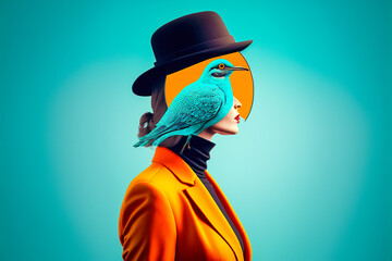 Portrait de femme surréaliste avec oiseau - Générative IA
