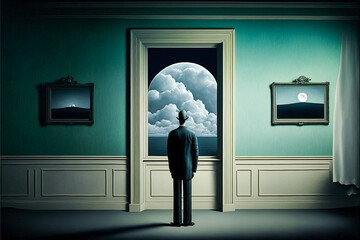 Homme rêvant debout  devant une fenêtre avec un ciel et des nuages, concept de réflexion sur le passé ou l'avenir - Générative IA - obrazy, fototapety, plakaty