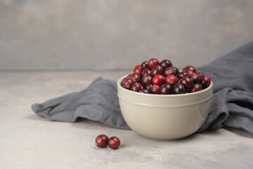 Cranberries with green leaves in small white bowl on the grey table. Fresh cranberries. Copy space....