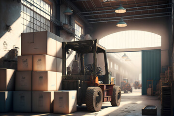 Forklift with box containers working in Warehouse industrial premises for storing materials and wood. Concept logistics, transport. Generation AI