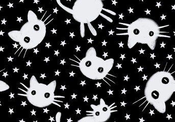 Halloween animals seamless black cats paint markers pattern for wrapping paper and fabrics and linens and kids