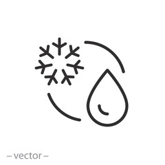 coolant icon, drop with snowflake, cold liquid, thin line symbol on white background - editable stroke vector illustration