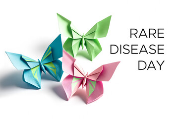 Rare disease day illustration with blue, green and pink butterflies. International rare disease day. AI generative - obrazy, fototapety, plakaty