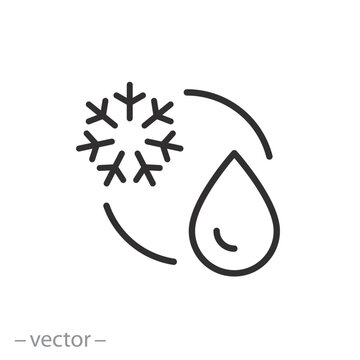 coolant icon, drop with snowflake, cold liquid, thin line symbol on white background - editable stroke vector illustration