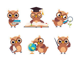 Wise Brown Owl in Glasses and Graduation Hat Vector Set