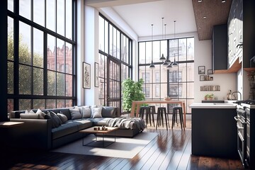 Modern cozy open plan kitchen with living room interior with brown wooden plank floor, white ceiling and walls, big city view windows, grey kitchenette, grey sofa and table with chairs. Generative AI.
