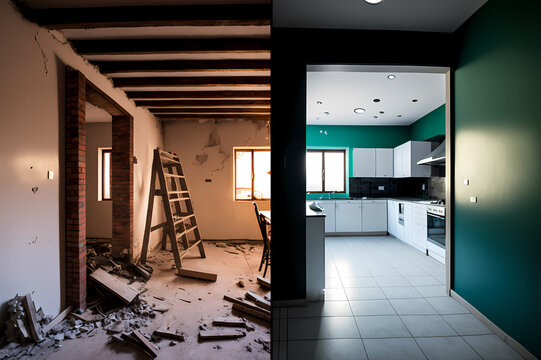 Concept Renovation interior of house. Apartment before and after restoration and refurbishment. Generation AI