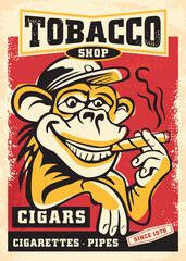 Fototapeta na wymiar Tobacco shop funny advertisement with monkey smoking cigar cartoon style drawing. Vector illustration with animal mascot character.