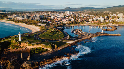 Aerial view of Wollongong Harbour in the morning.