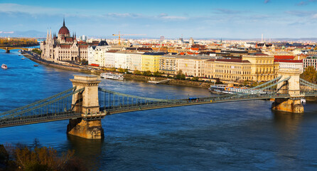 Fototapeta na wymiar View of Hungarian Parliament building and Budapest Chain Bridge, Danube river