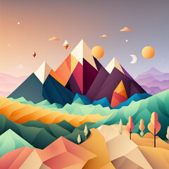 Abstract geometric mountain landscape illustration with fall forest and retro color pallete. Generative AI.