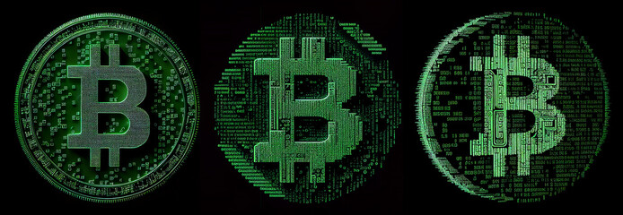 Obraz premium Pixelated Bitcoin Trio - Generative Ai