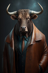 Portrait of isolated brown buffalo wearing a red leather coat in front of a dark backdrop created with Generative AI Technology