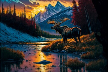 Artwork of Moose in Rocky Mountains Digital Rendering, Generative Ai Illustration