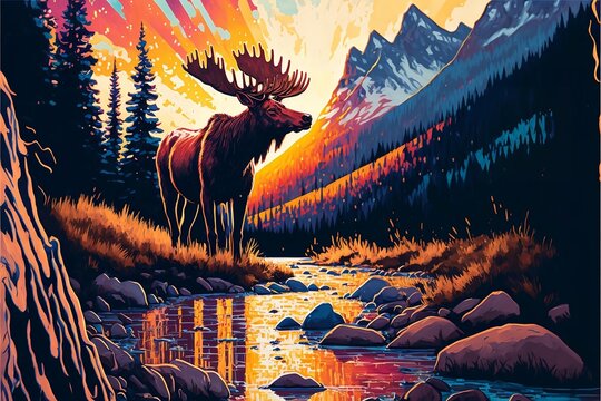 Artwork of Moose in Rocky Mountains Digital Rendering, Generative Ai Illustration