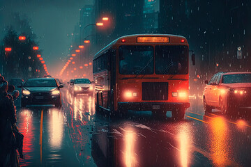Heavy traffic in a rainy evening in the city. Scenery. Generative AI