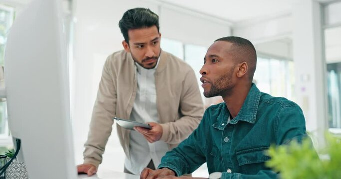 Businessman, startup and coaching conversation at desk with tablet, computer and question for mentor in office. Black man, web design coach and learning in workplace for support, advice or teamwork