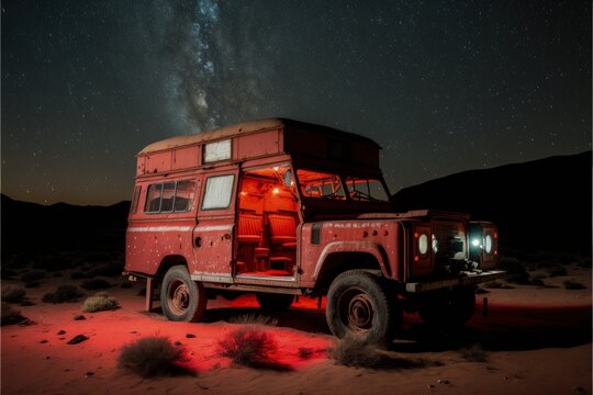 A classic 1990 Land Rover Defender 90 in the middle of the desert at night, image created with Generative AI technology.