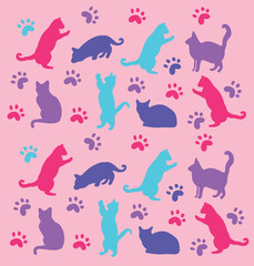 Colorful cat pattern hand drawn vector design, illustration