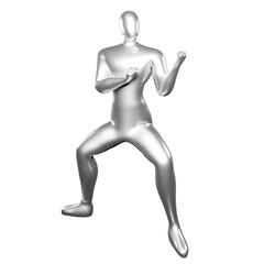 3D Render Silver Stickman Karate Pose in Stance