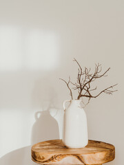 Modern minimalist style interior with ceramic vase with branch on wood table