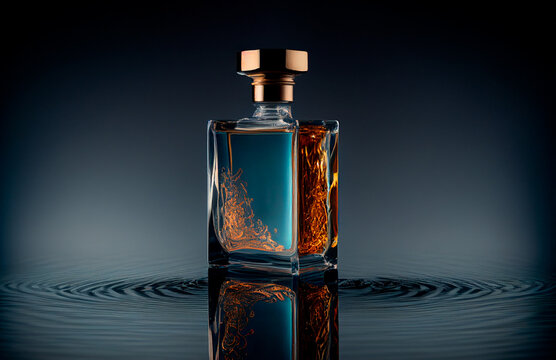 Perfume bottle on dark water background, closeup, Generative AI