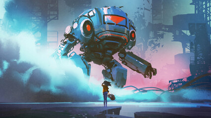 Young girl standing looking at giant blue robot, digital art style, illustration painting
