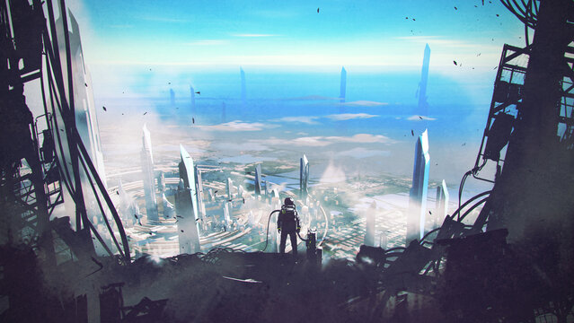 Fototapeta man stands atop a sky-high futuristic structure and looking down on the city below, digital art style, illustration painting
