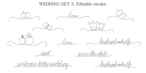 Decoration continuous line hand drawing elements set for wedding photo book, invitations. Vector stock illustration minimalism design isolated on white background. Editable stroke single line. 
