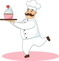 Happy chef carrying a cake with heart