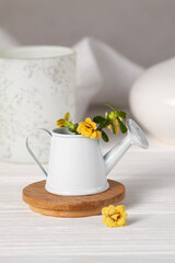 Yellow small flowers in a metal watering can on a white background