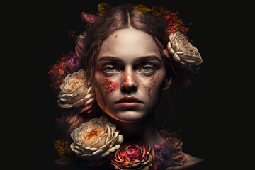 Portrait of a beautiful teen redhead girl with roses on her face created with Generative AI Technology 