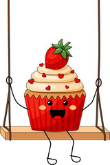 Happy strawberry cupcake riding on a swing