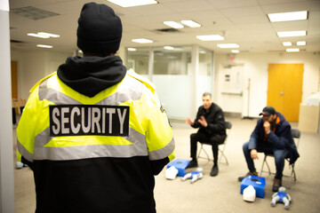 A CPR training class is conducted by a security guard in an office.
