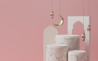 Luxury Islamic background with 3d podium, 3d decorating podium with crescent moon and lantern, ramadan kareem banner, eid mubarak greeting card, mawlid, iftar, isra miraj, muharram