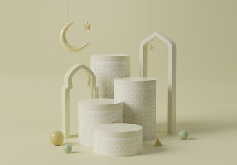 3d Islamic podium decoration banner with, lantern, ramadan kareem, mawlid, iftar, isra miraj, eid al fitr adha, muharram, 3D illustration.