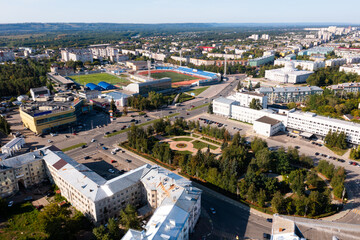 Fototapeta na wymiar Aerial drone view of Dzerzhinsk city center in Nizhny Novgorod Oblast, Russia
