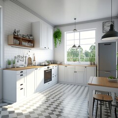 Modern friendly kitchen with white walls and black and white square floor decorated with green plants