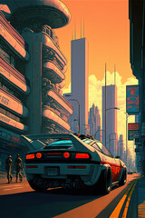 Neon dark calm streets illustration, futuristic city, Futuristic car, sci-fi and cyberpunk
