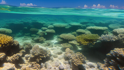 Fototapeta na wymiar seascape in the shallow water of the coral reef in caribbean sea, Generative AI