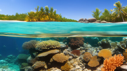 seascape in the shallow water of the coral reef in caribbean sea, Generative AI