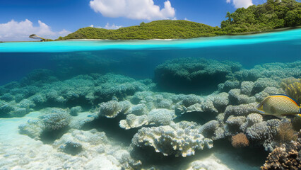 Naklejka na ściany i meble seascape in the shallow water of the coral reef in caribbean sea, Generative AI