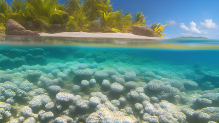 seascape in the shallow water of the coral reef in caribbean sea, Generative A