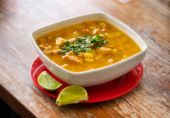 Fresh and spicy tripe soup with coriander leaves - Traditional Colombian food
