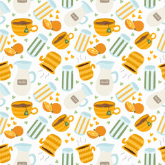 Cute and colorful vector seamless hand drawn pattern with glass of squeezed orange juice, smoothie, coffee, tea and milk. Can be used for wrapping paper, bedclothes, notebook, packages, gift paper.