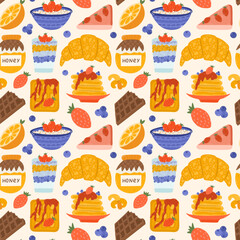 Cute vector seamless hand drawn pattern with croissant, chocolate, chia yogurt, cheesecake, pancakes and other sweet food. Can be used for wrapping paper, bedclothes, notebook, packages, gift paper.
