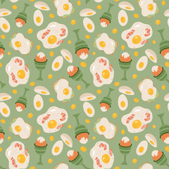 Cute and colorful vector seamless hand drawn pattern with fried, boiled egg and sandwich with egg. Can be used for wrapping paper, bedclothes, notebook, packages, gift paper.