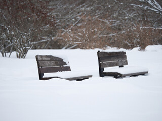 Hokkaido, Japan - January 24, 2023: Snowbound benches in a park in Nemuro, Hokkaido, Japan
